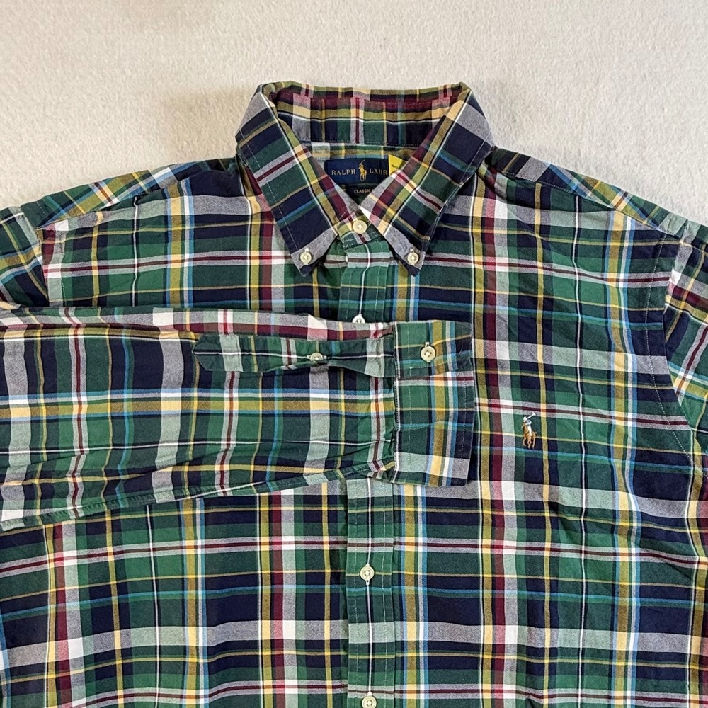 Ralph Lauren Button Down Shirt Mens 2XL Classic Fit Plaid Green Multi